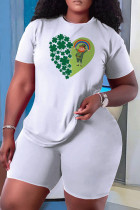 Green White Casual Skull Ombre Rainbow Print Four Leaf Clover O Neck Short Sleeve Two Pieces