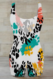 Pink Casual Leopard Print Contrast U Neck Skinny Rompers