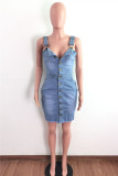 Light Blue Fashion Sexy Solid Backless Spaghetti Strap Denim Dress