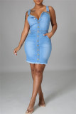 Light Blue Fashion Sexy Solid Backless Spaghetti Strap Denim Dress