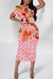 Rose Pink Casual Geometric Print Floral Print Contrast O Neck Printed Short Sleeve Dress