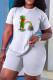 White Casual Skull Ombre Rainbow Print Four Leaf Clover O Neck Short Sleeve Two Pieces
