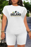 Letter Casual Letter Print Four Leaf Clover Contrast O Neck Short Sleeve Two Pieces
