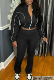 Red Casual Zipper Contrast Zipper Collar Long Sleeve Two Pieces