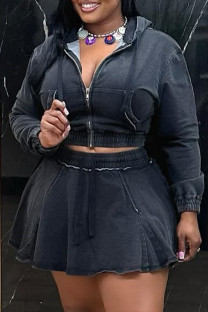 Black Casual Solid Color Zipper Hooded Long Sleeve Two Pieces
