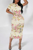 Rose Pink Casual Geometric Print Floral Print Contrast O Neck Printed Short Sleeve Dress