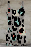 Pink Casual Leopard Print Contrast U Neck Skinny Rompers