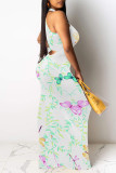 Green Casual Floral Print Contrast O Neck Long Dresses