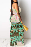 Green Casual Floral Print Contrast O Neck Long Dresses