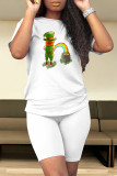 White Casual Skull Ombre Rainbow Print Four Leaf Clover O Neck Short Sleeve Two Pieces