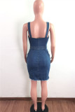 Light Blue Fashion Sexy Solid Backless Spaghetti Strap Denim Dress