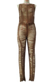 Pink Sexy Solid Hollowed Out Patchwork See-through O Neck Straight Jumpsuits