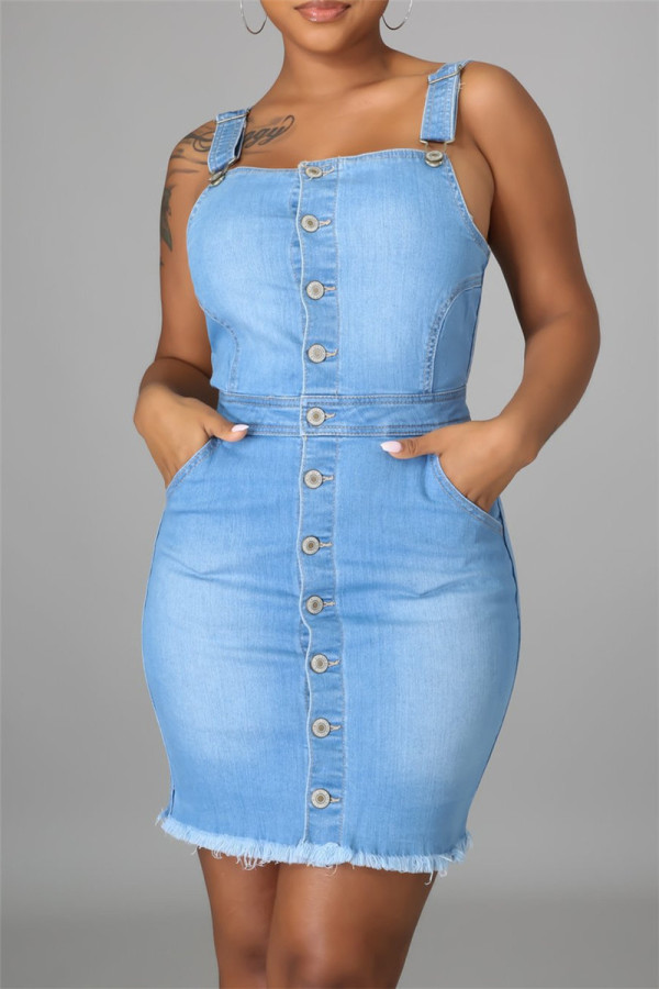 Light Blue Fashion Sexy Solid Backless Spaghetti Strap Denim Dress