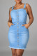 Light Blue Fashion Sexy Solid Backless Spaghetti Strap Denim Dress