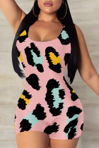 Pink Casual Leopard Print Contrast U Neck Skinny Rompers