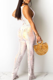 Pink Sexy Solid Hollowed Out Patchwork See-through O Neck Straight Jumpsuits