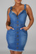 The cowboy blue Fashion Sexy Solid Backless Spaghetti Strap Denim Dress