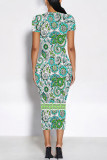 Rose Pink Casual Geometric Print Floral Print Contrast O Neck Printed Short Sleeve Dress