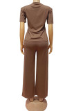 Brown Casual Daily Solid Color Basic O Neck Short Sleeve Two Pieces