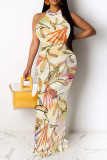 Green Casual Floral Print Contrast O Neck Long Dresses