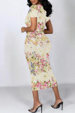 Rose Pink Casual Geometric Print Floral Print Contrast O Neck Printed Short Sleeve Dress