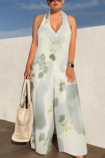 Beige Sexy Geometric Camouflage Print Pocket Lace Up Backless Contrast Halter Loose Jumpsuits