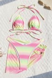 Pink Sexy Hot Gradient Print Backless Belted Swimsuit Three Piece Set (With Paddings)
