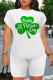 Green Casual Letter Print Four Leaf Clover Contrast O Neck Short Sleeve Two Pieces