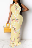 Green Casual Floral Print Contrast O Neck Long Dresses