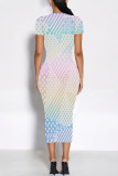 Rose Pink Casual Geometric Print Floral Print Contrast O Neck Printed Short Sleeve Dress