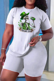 White Casual Skull Ombre Rainbow Print Four Leaf Clover O Neck Short Sleeve Two Pieces