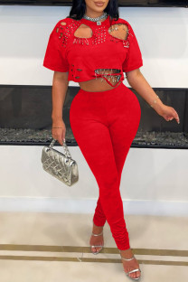 Red Casual Daily Solid Color Ripped Hollow Out O Neck Short Sleeve Two Pieces