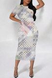 Rose Pink Casual Geometric Print Floral Print Contrast O Neck Printed Short Sleeve Dress
