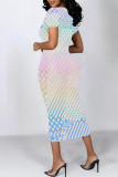 Rose Pink Casual Geometric Print Floral Print Contrast O Neck Printed Short Sleeve Dress