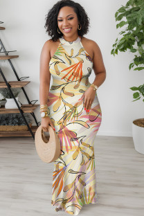 Beige Casual Floral Print Contrast O Neck Long Dresses