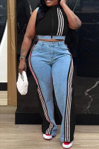 Black Casual Daily Stripe Patchwork Zipper Collar Sleeveless Two Pieces