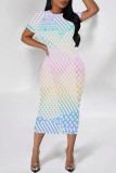 Rose Pink Casual Geometric Print Floral Print Contrast O Neck Printed Short Sleeve Dress