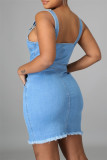 Light Blue Fashion Sexy Solid Backless Spaghetti Strap Denim Dress