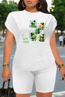 White Green Casual Letter Print Four Leaf Clover Contrast O Neck Short Sleeve Two Pieces