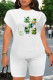 White Green Casual Letter Print Four Leaf Clover Contrast O Neck Short Sleeve Two Pieces