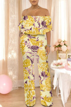 Yellow Casual Floral Print Pocket Flounce Contrast Off Shoulder Jumpsuits