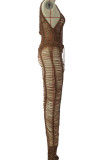 Pink Sexy Solid Hollowed Out Patchwork See-through O Neck Straight Jumpsuits