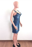 Light Blue Fashion Sexy Solid Backless Spaghetti Strap Denim Dress