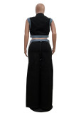 White Casual Daily Stripe Patchwork Zipper Collar Sleeveless Two Pieces