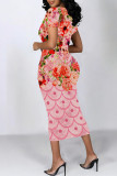 Rose Pink Casual Geometric Print Floral Print Contrast O Neck Printed Short Sleeve Dress