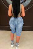 Blue Casual Daily Solid Color Pocket Patchwork Mid Waist Regular Denim Shorts