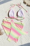 Pink Sexy Hot Gradient Print Backless Belted Swimsuit Three Piece Set (With Paddings)