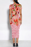 Rose Pink Casual Geometric Print Floral Print Contrast O Neck Printed Short Sleeve Dress