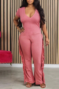 Pink Casual Solid Tassel Patchwork V Neck Skinny Jumpsuits
