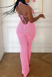 Pink Sexy Solid Color Backless Flower Shape Halter Regular Jumpsuits